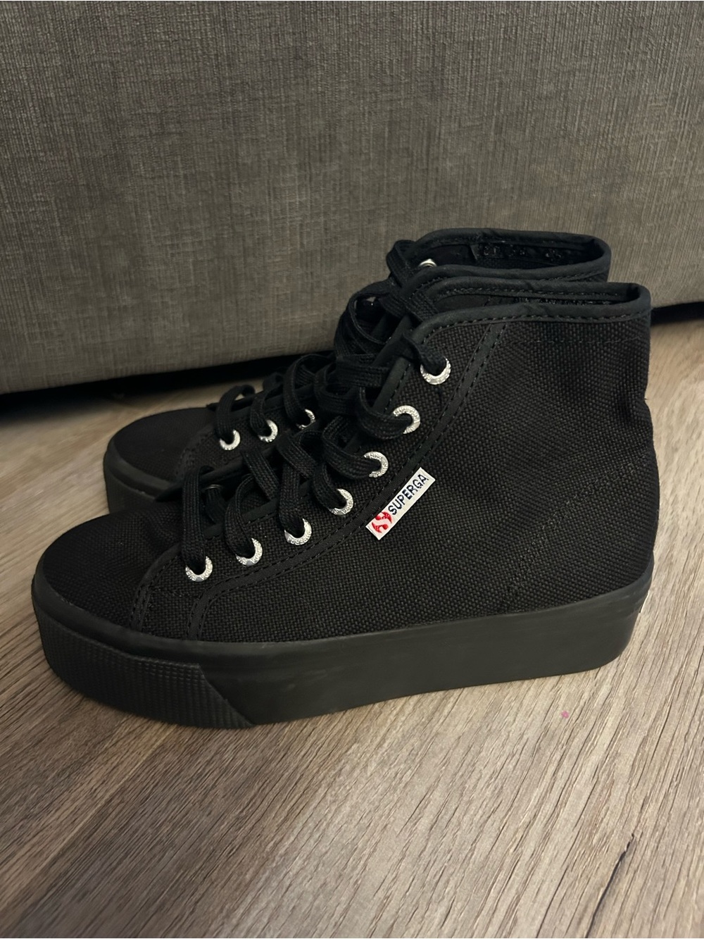 Superga High-Top Black Canvas Platform Sneakers with Black Soles, Women Size 7.5 - Picture 3 of 7